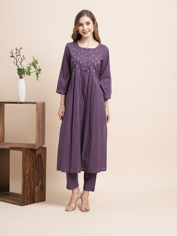 INDYES Woven Design Pure Cotton Round Neck Co-ords Set