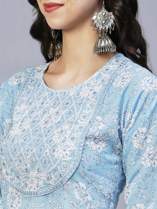 Women Blue Floral Printed Pure Cotton Kurta with Trousers & With Dupatta