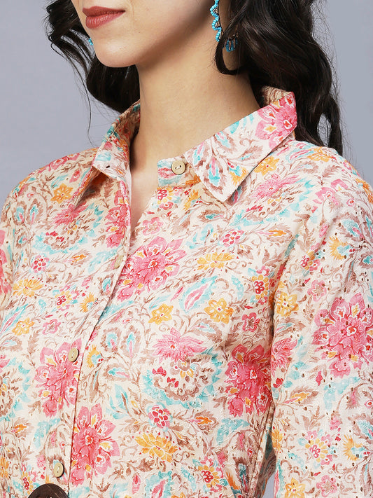 Women Beige & Red Floral A-Line Midi Dress