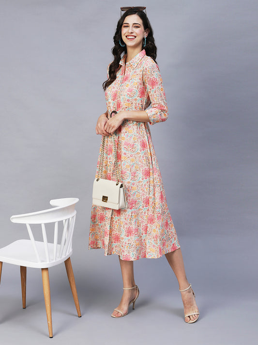 Women Beige & Red Floral A-Line Midi Dress