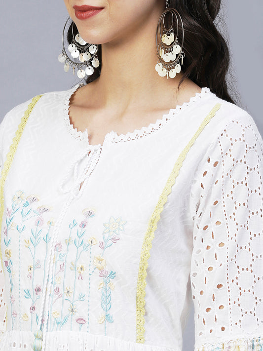White Floral Embroidered Tie-Up Neck Mini Dress