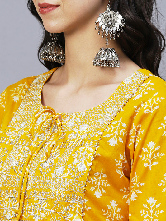 Women Mustard Yellow Ethnic Motifs Printed Pure Cotton Kurta with Trousers & With Dupatta