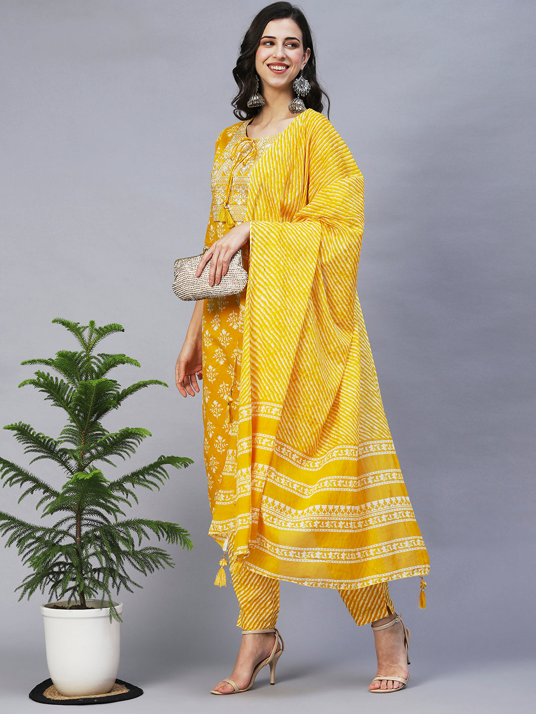Women Mustard Yellow Ethnic Motifs Printed Pure Cotton Kurta with Trousers & With Dupatta