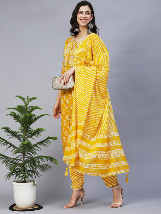Women Mustard Yellow Ethnic Motifs Printed Pure Cotton Kurta with Trousers & With Dupatta