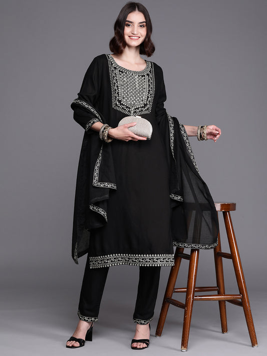 Women Black Yoke Design Zardozi Pure Cotton Kurta with Trousers & With Dupatta