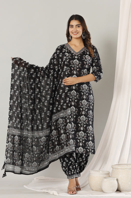 INDYES Black Floral Printed Sequinned Pure Cotton Kurta With Afghani Salwar & Dupatta for Women