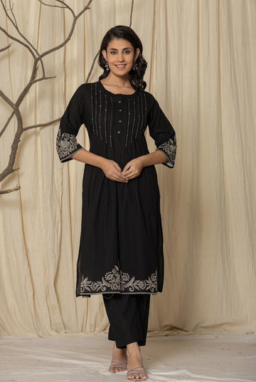 INDYES Black Pleated Thread Work Pure Cotton Kurta with Trousers for Women
