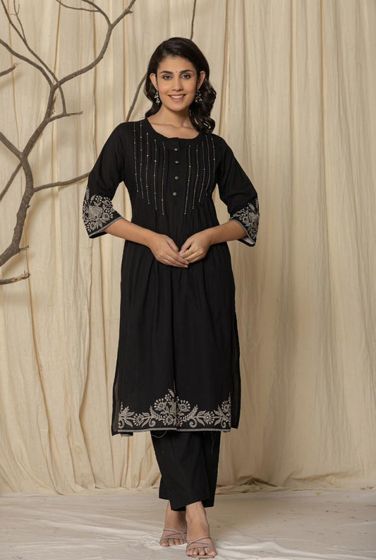 INDYES Black Pleated Thread Work Pure Cotton Kurta with Trousers for Women