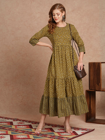INDYES Ethnic Motifs Printed Round Neck Tiering Mirror Work Pure Cotton Anarkali Kurta for Women