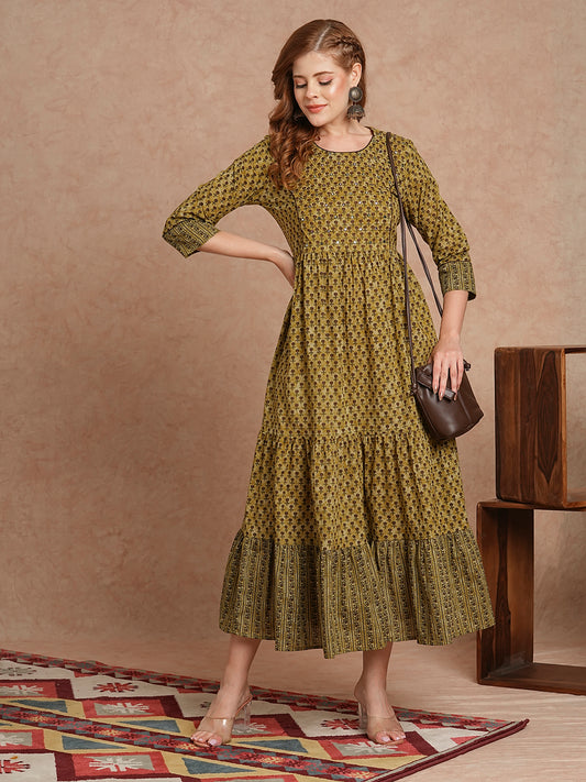INDYES Ethnic Motifs Printed Round Neck Tiering Mirror Work Pure Cotton Anarkali Kurta for Women