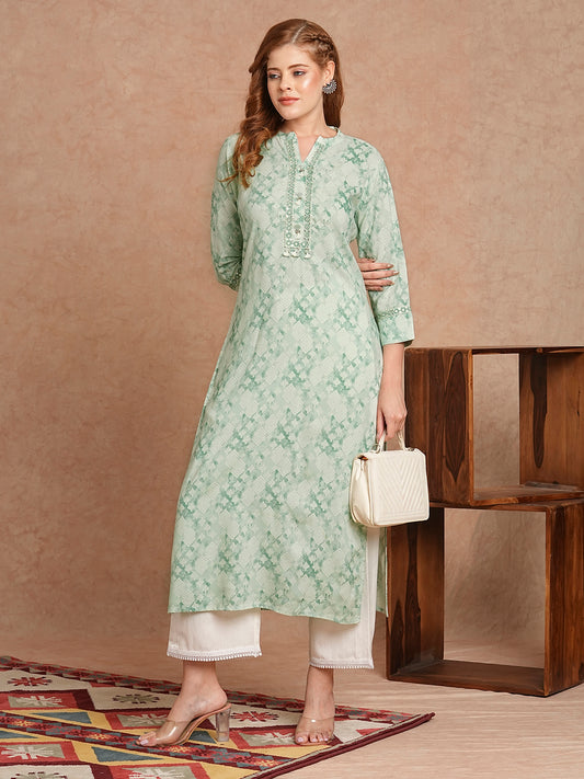 INDYES Geometric Yoke Design Three-Quarter Sleeves Mirror Work Kurta for Women