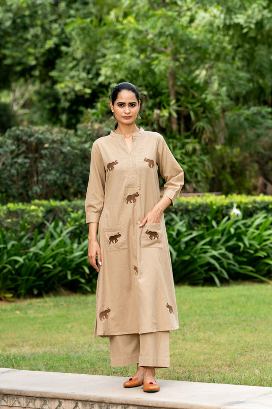 INDYES Coffee Brown Animal Embroidered Mandarin Collar Pure Cotton A-Line Kurta With Palazzos for Women