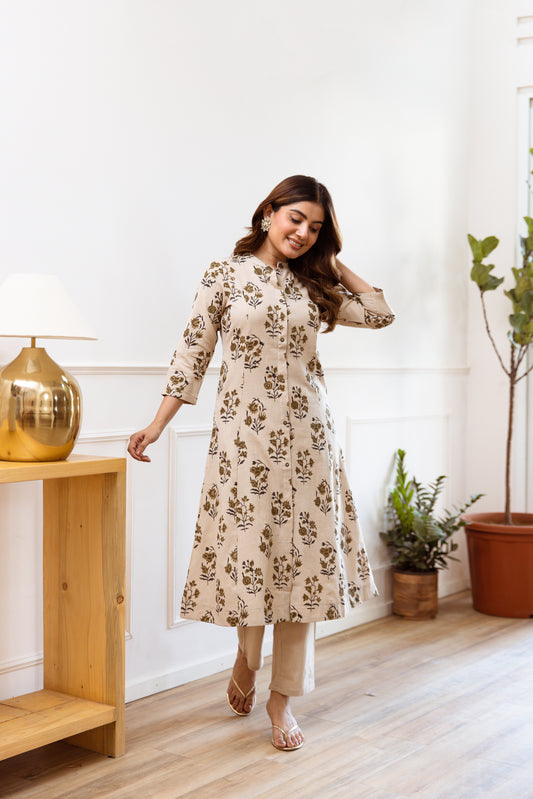 INDYES Floral Printed Regular Pure Cotton Kurta with Trousers for Women