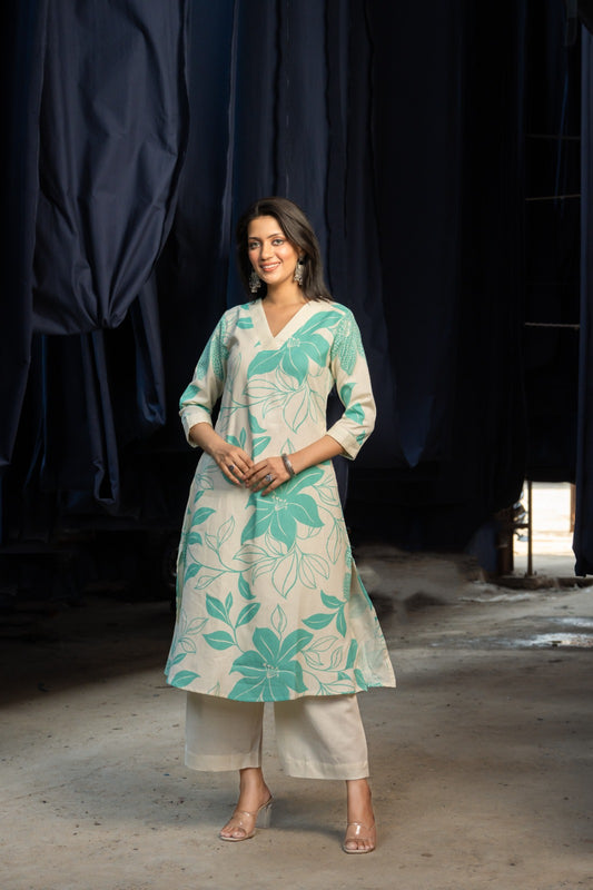 INDYES Floral Printed Regular Pure Cotton A-Line Kurta With Trousers for Women