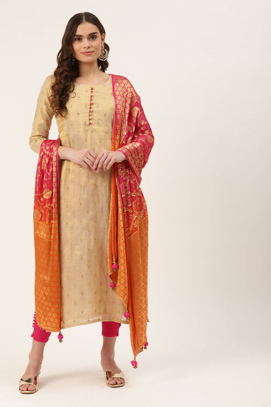 Women Beige Embroidered Regular Sequinned Chanderi Silk Kurta with Trousers & With Dupatta