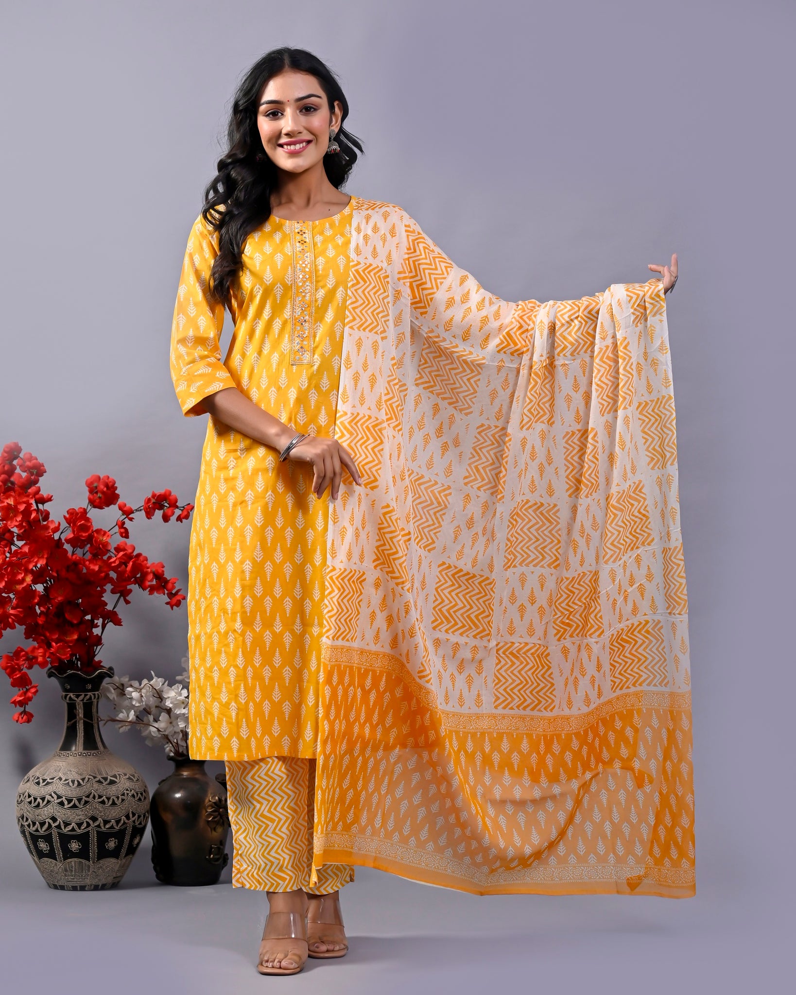 INDYES Yellow Ethnic Motifs Printed Mirror Work Pure Cotton Kurta With Trouser & Dupatta for Women