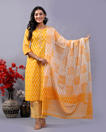 INDYES Yellow Ethnic Motifs Printed Mirror Work Pure Cotton Kurta With Trouser & Dupatta for Women