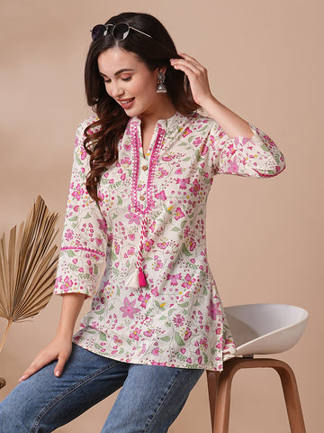 INDYES Floral Printed Mirror Work Pure Cotton Mirror Work Kurti for Women