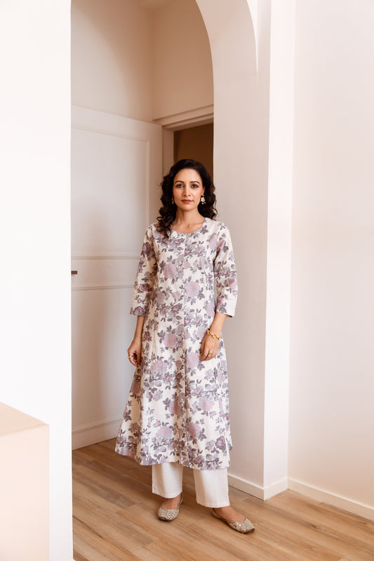 INDYES Women Floral Printed Regular Pure Cotton Kurta with Trousers for Women