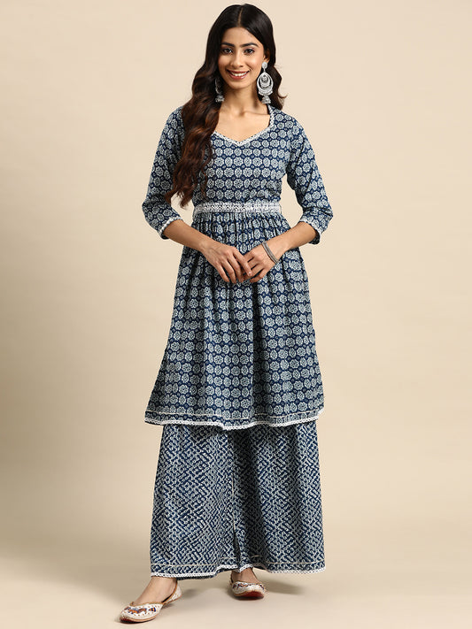Women Navy Blue Ethnic Motifs Printed Pleated Mirror Work Pure Cotton Kurta with Sharara