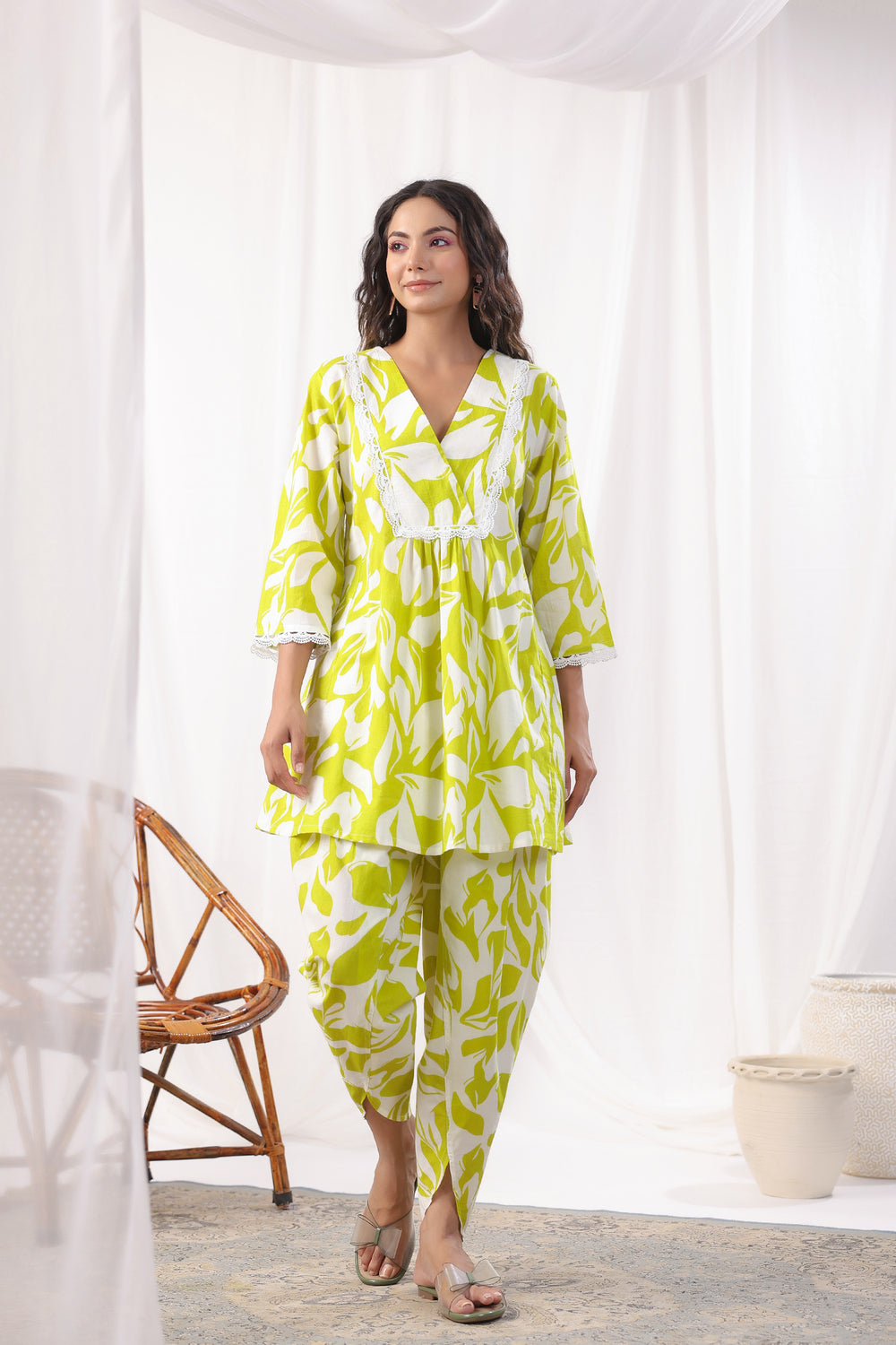 INDYES Pure Cotton Pleated Floral Design Co-ords Set for Women