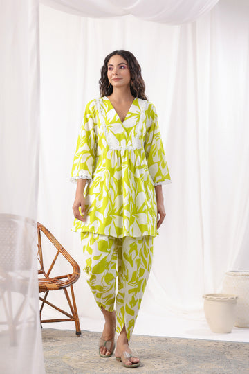 INDYES Pure Cotton Pleated Floral Design Co-ords Set for Women