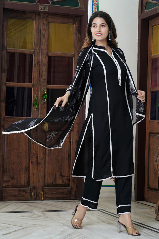 Floral Embroidered Mandarin Collar Rayon Kurta with Trousers & Dupatta