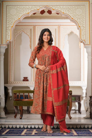 INDYES Red Cotton Ethnic Motifs Print Embellished Kurta with Pant & Dupatta for Women