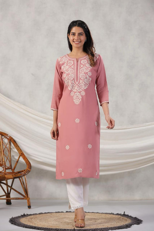 INDYES Peach Floral Chikankari Embroidered Kurta for Women