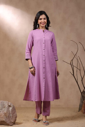 INDYES Lavender Solid Pure Cotton Mandarin Collar Co-Ords Set