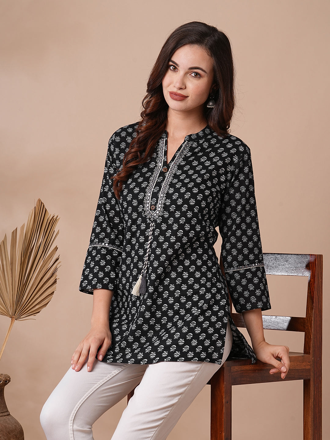INDYES Ethnic Motifs Printed Mirror Work Pure Cotton Mirror Work Kurti for Women