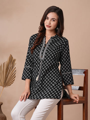 INDYES Ethnic Motifs Printed Mirror Work Pure Cotton Mirror Work Kurti for Women