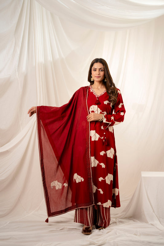 INDYES Conversational Printed V-Neck Sequinned Kurta With Palazzos & Dupatta for Women
