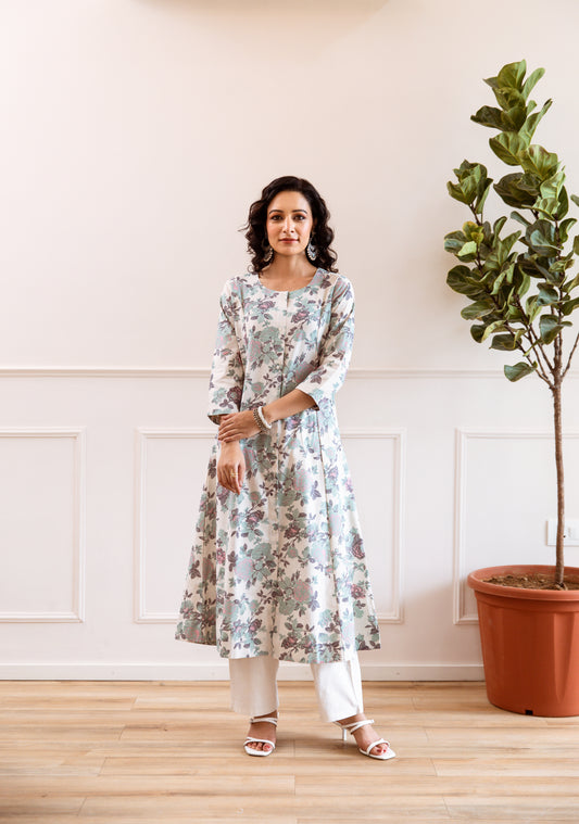 INDYES Floral Printed Pure Cotton A-Line Kurta With Trouser for Women