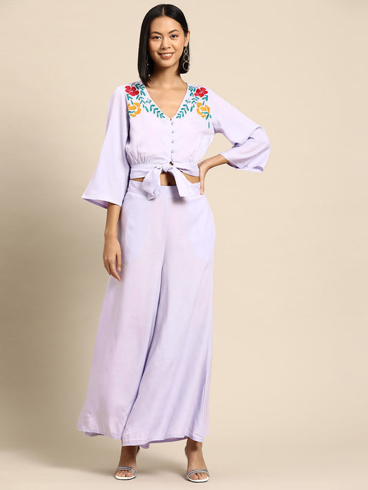 Floral Embroidered Front Knot Top & Flared Trousers Co-Ords