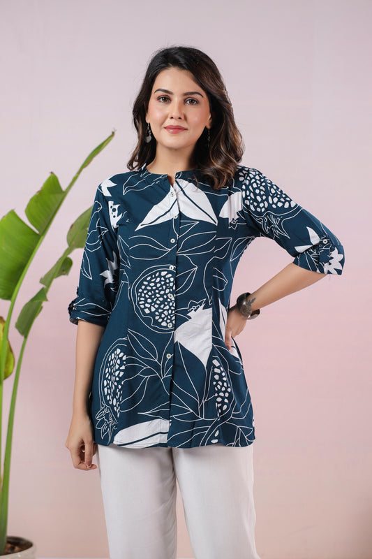 INDYES Teal Quirky Printed Mandarin Collar Casual Wear Kurti for Women & Girls