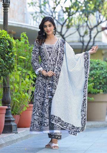 INDYES Paisley Printed Pure Cotton Straight Kurta with Trousers & Dupatta for Women