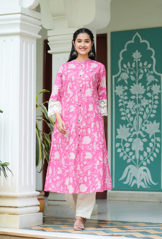 INDYES Pink Floral Print A-Line Shape Cotton Kurta for Women
