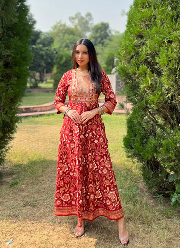 INDYES Floral Gold Printed Embellished Design Sequinned Anarkali Kurta for Women