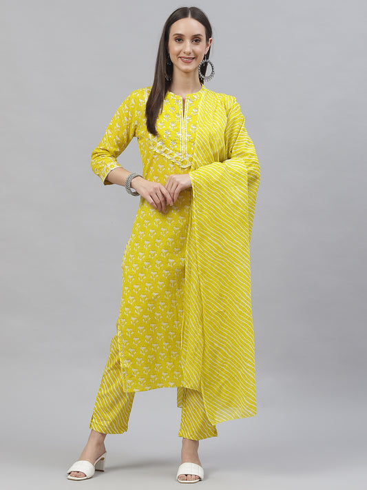 Leheriya Yoke Design Sequinned Pure Cotton Kurta With Trousers & Dupatta