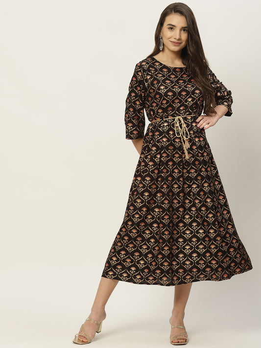 Black Floral Midi Fit & Flare Dress