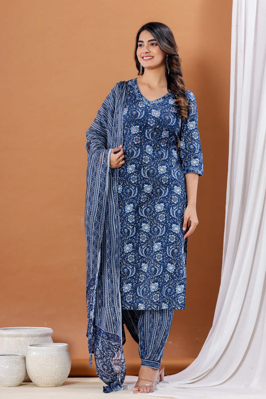 INDYES Blue Floral Print Pure Cotton Kurta With Afghani Salwar & Dupatta Set for Women