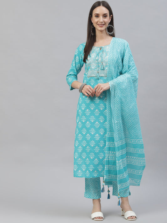 Women Turquoise Blue Ethnic Motifs Gotta Patti Cotton Kurta with Trousers & Dupatta
