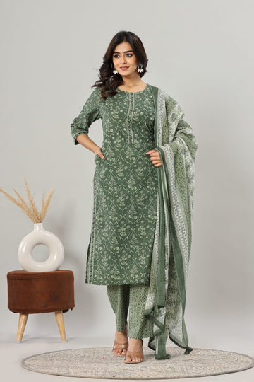 INDYES Ethnic Motifs Printed Round Neck Straight Pure Cotton Kurta with Trousers & Dupatta for Women