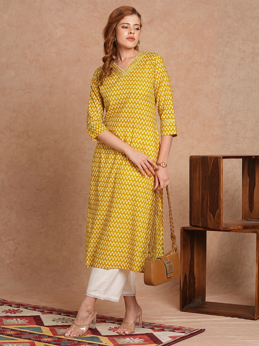 INDYES Geometric Printed Three-Quarter Sleeves Cotton Kurta for Women