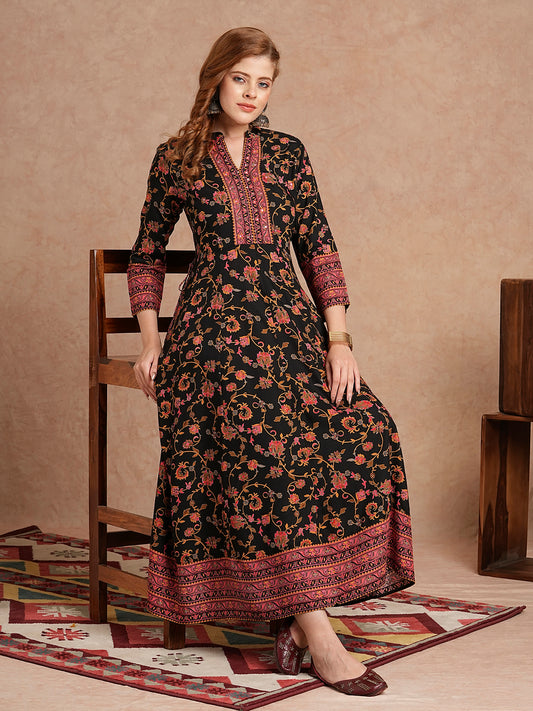 INDYES Floral Printed Mandarin Collar Sequins Anarkali Kurta for Women