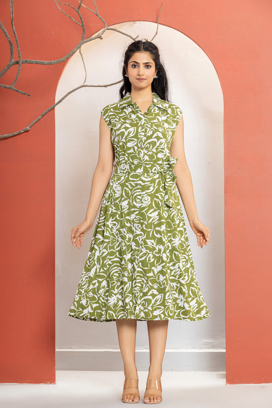 INDYES Quikry Print Collar Neck Waist Belt Midi Dress for Women