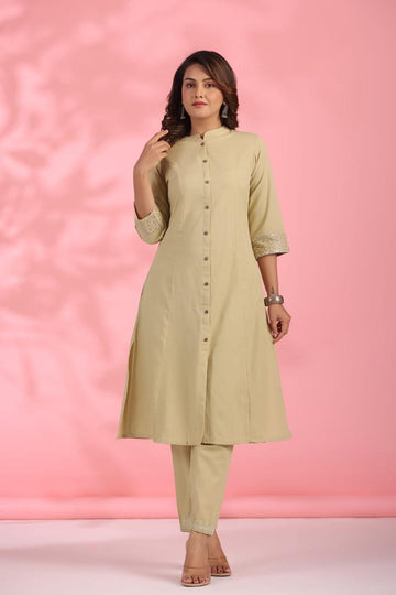 INDYES Beige Solid Pure Cotton Mandarin Collar Co-Ords Set