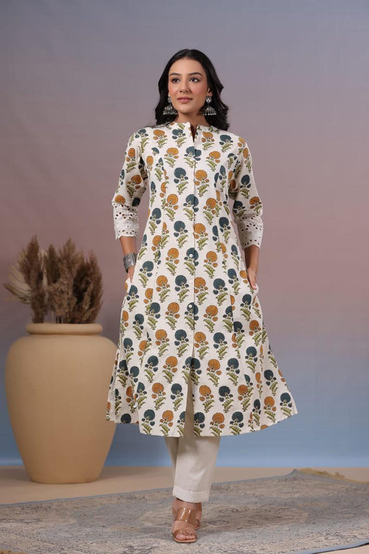 INDYES White Floral Print A-Line Shape Cotton Kurta for Women