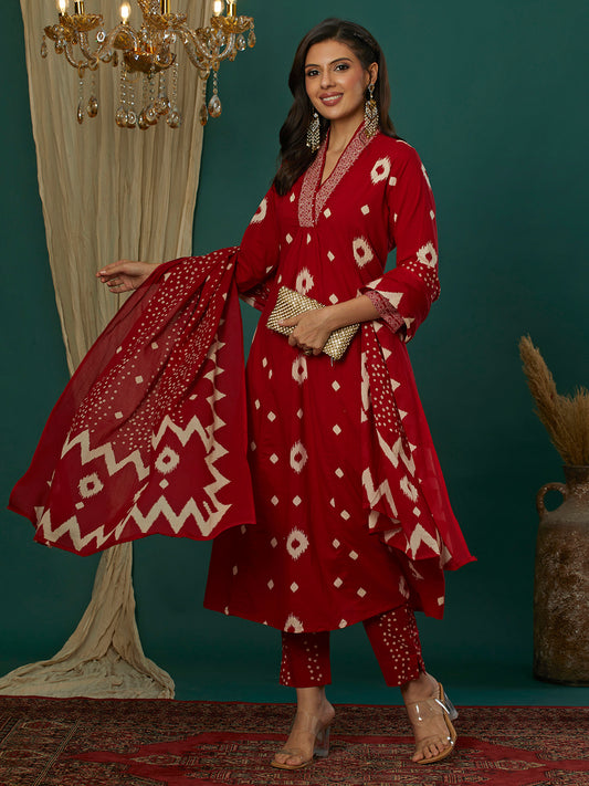 INDYES Bandhani Printed Pure Cotton Anarkali Kurta with Trousers & Dupatta for Women